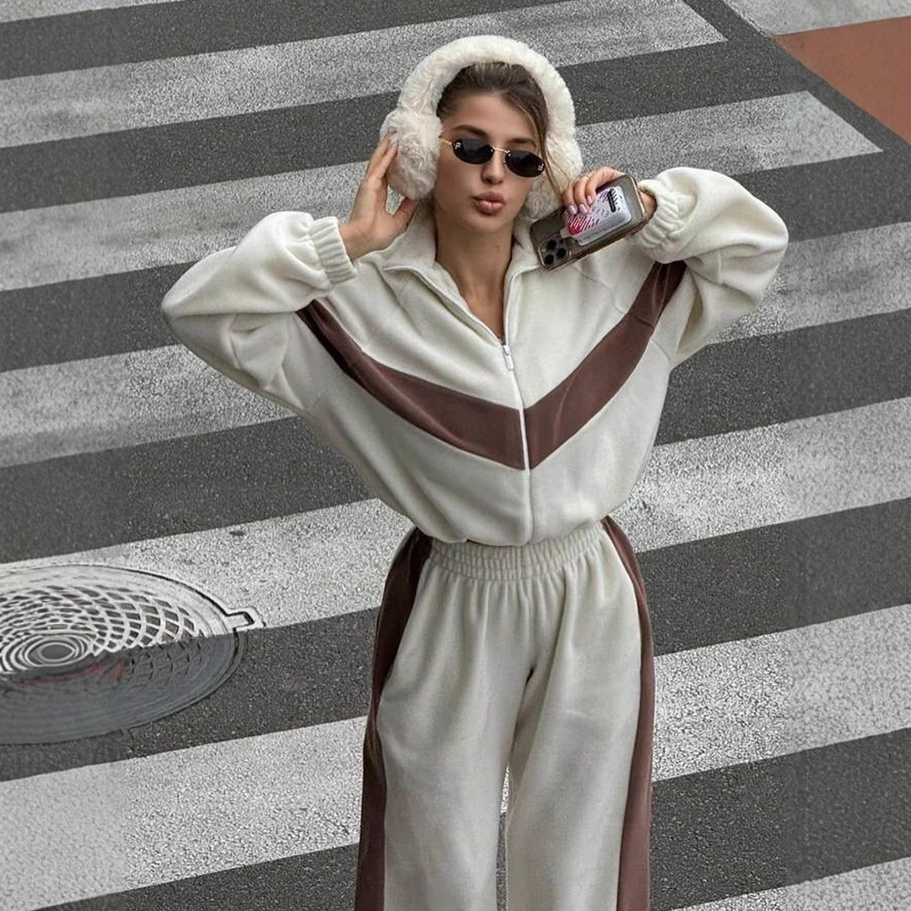 New Fashion European and American Designer Style Casual Sports Set Zipper Open Collar Woolen Sweater Pants Women's Two Piece Set