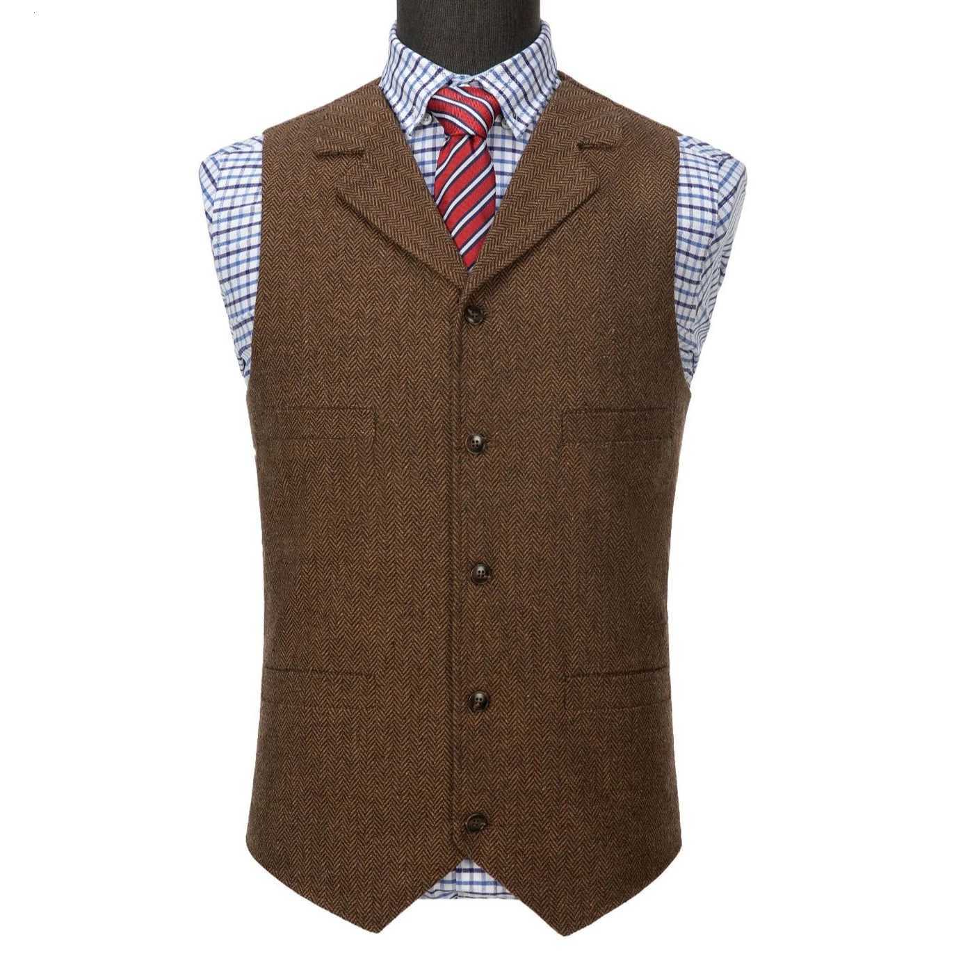 Wool Tweed Mens Suits Vest for Groomsmen Wedding Lapel Casual Slim Business Vests Sleeveless Waistcoat Male Gilet Homme Vests W251029