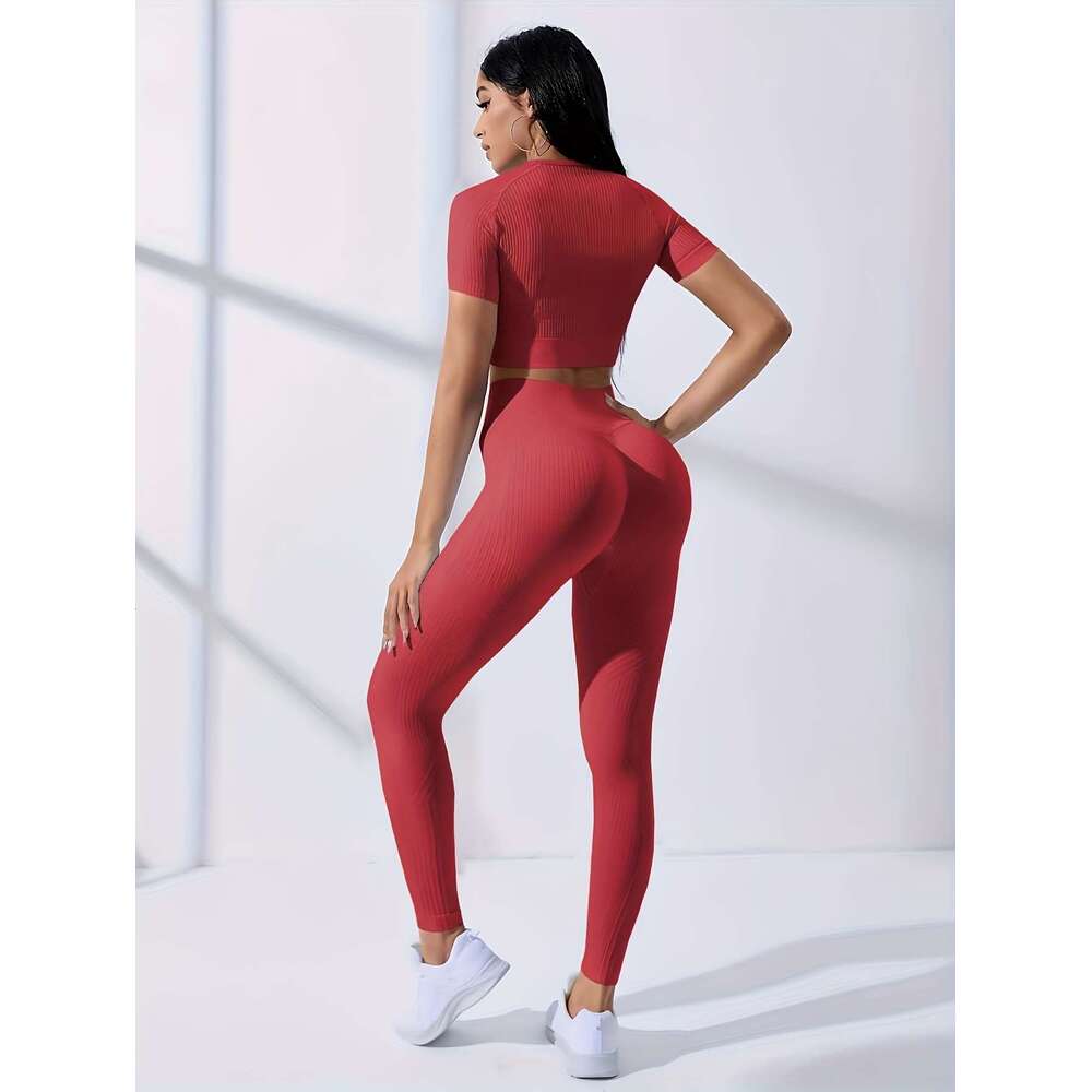 Two-Piece Outdoor Sports Suit - Short Sleeve Navel Top High Waist Solid Color Running Tights, Women's Workout Sets for Yoga and Dail Wear with Me
