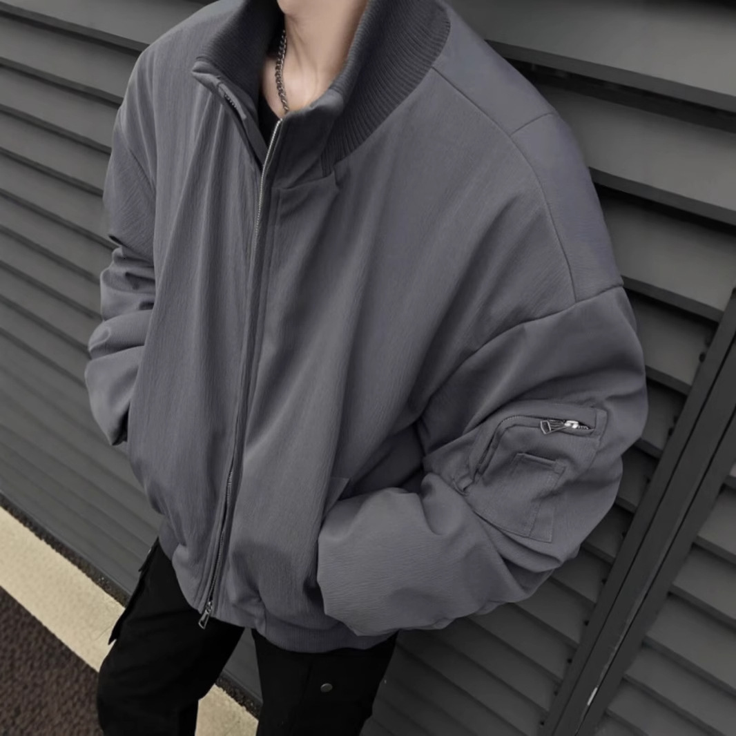 Gray American Style Bomber Jacket Cotton Coat Men Winter Stand Collar Designer Jacket Oversized Short Jacket Padded Workwear Baseball Cotton Jacket