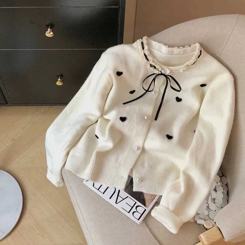 Hearts Spliced Sweater for Women Spring Autumn Harajuku Lace Patchwork Knitted Cardigan Chic Bows LaceUp Button Cardigan JacketT251028