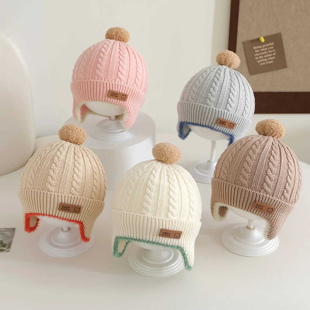 Pompom Beanies Winter Warm Baby Earmuffs Cap Toddler Ear Protection Hat 13year Kids Woolen Knit Hats Fashion Children Bonnet251028