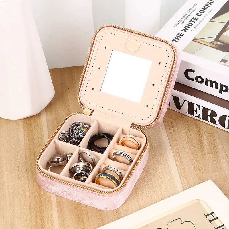 1pc Multifunction Velvet Mini Jewelry Storage Box With Mirror Portable Necklace Earring Ring Zipper Square Display Case 251013
