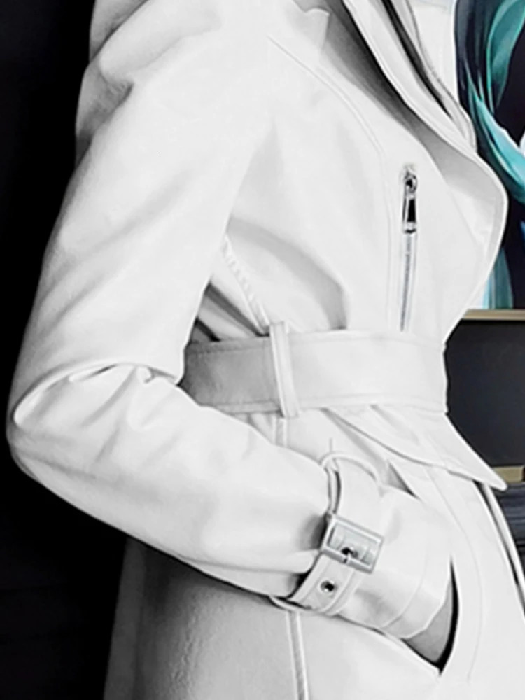 Nerazzurri Spring Runway White Long Leather Trench Coat for Women Long Sleeve Elegant fashion Womens Coats 251029