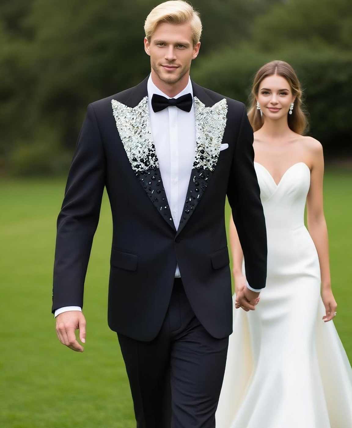 Luxurious Crystals Men Suits Peaked Lapel One Button Pant Sets Beadeds Classic Fit Groom Wedding Customized Tuxedos 2 Pieces