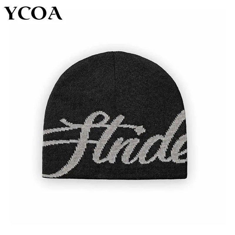 Men Beanie Kpop Letter Hat Y2k Black Knit Hip Hop Streetwear Wool Winter Korean Fashion Pullover Accessories Jacquard Women Cap 251029