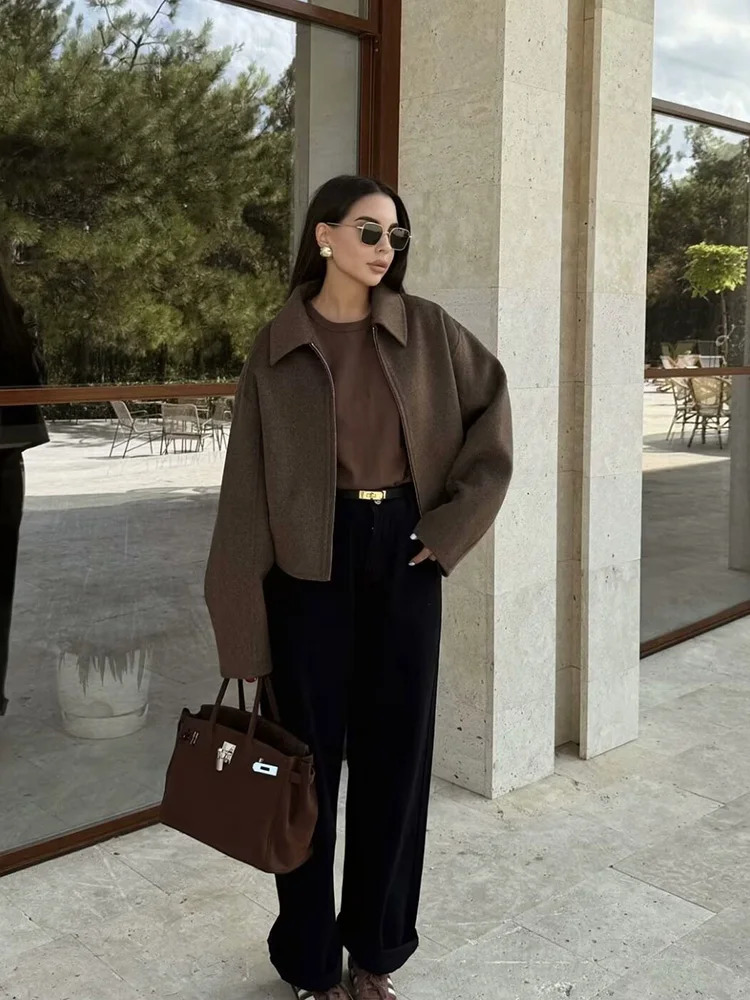 Womens Wide Solid Colour Zip T Jacket Fashion Style Basic Lapel Long Sleeve Coat Tops 251017