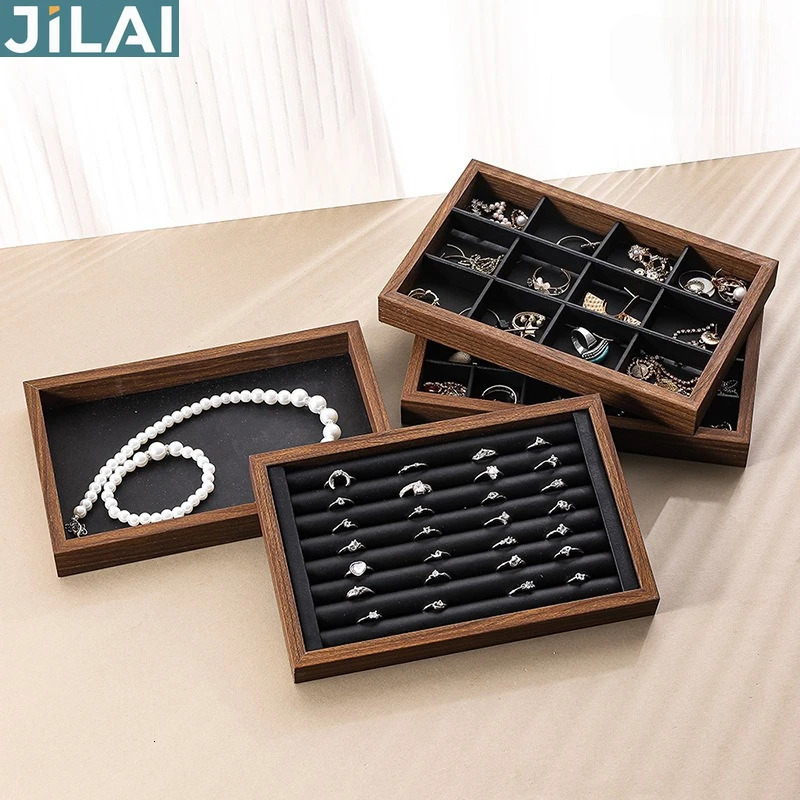 Shopping mall counter jewelry tray display walnut box flannel storage large capacity ring necklace 251013