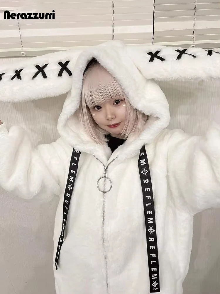 Nerazzurri Winter Sweet Cute Kawaii Soft Thick Warm White Faux Fur Coat Women with Bunny Ears Cute Fluffy Jacket Hoodie 251029