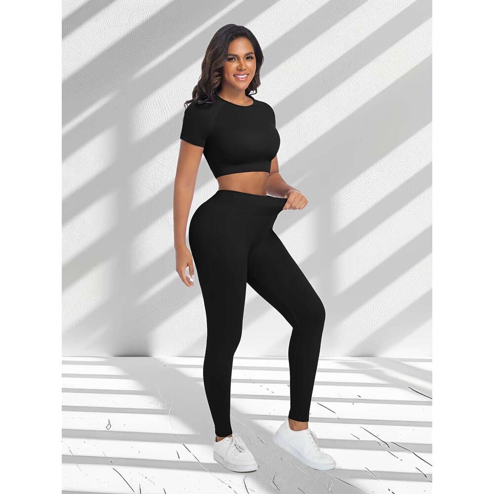 3 Sets Women's High-Waisted & Running Leggings Mid Neck Short Sleeve Workout Tops, Medium Stretch Solid Color Activewear For Gym, Training, Daily