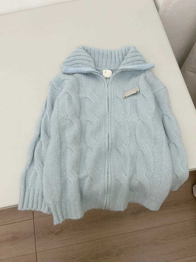 Women American Retro Blue Knitted Sweater Autumn Winter Casual Solid Y2k Cardigan Coat Ladies Sweet Fashion Outwear Tops NewT251028