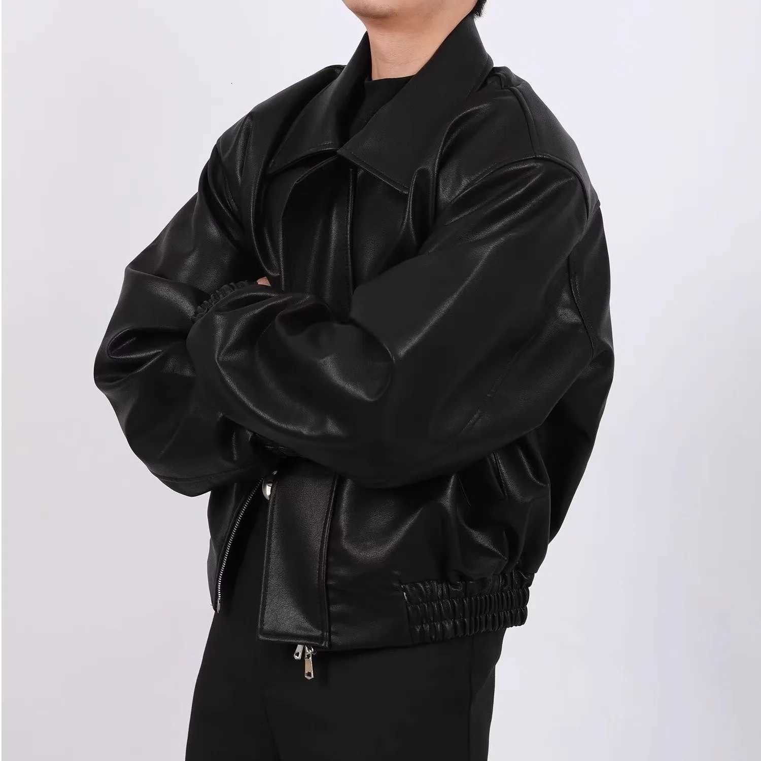 Autumn Highend Lapel Jackets for Men Loose Lapel Zipper Korean Fashion Ins Casual Short Motorcycle Leather Jacket Coat MenT251029