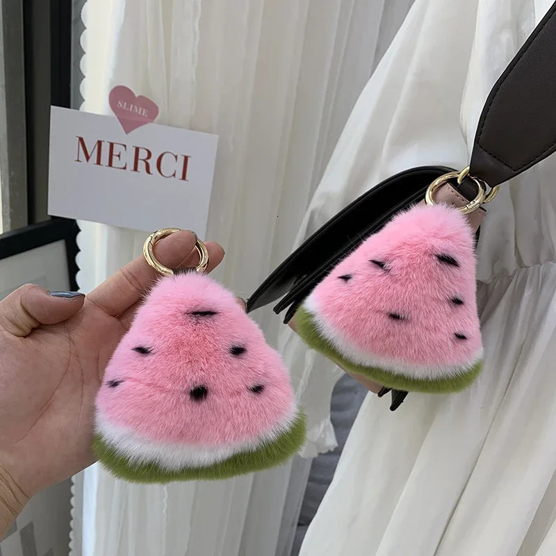 Cute Fluffy Rex Rabbit Fur Keychain Fruit Watermelon Toy Real Fur Ball Pendant Metal Car Key Ring Bag Charm Women Trinket 251029