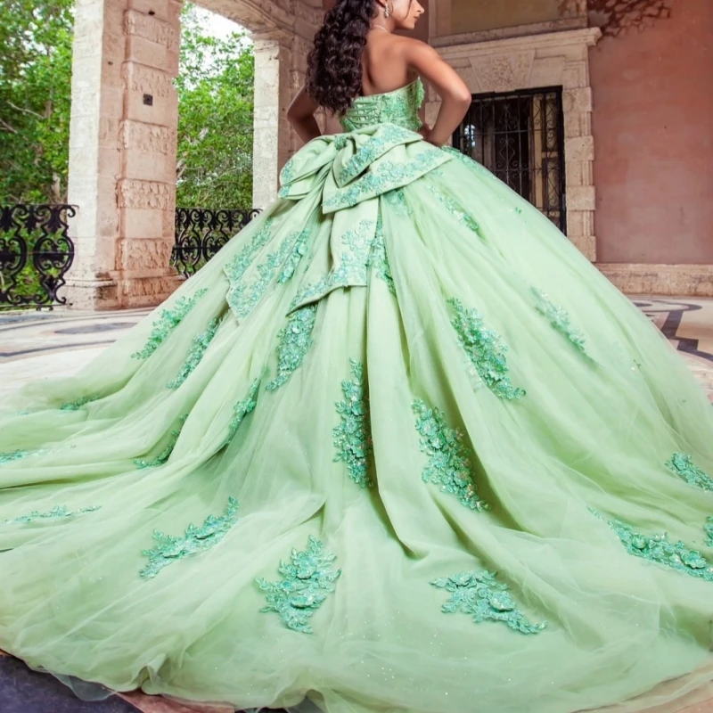 Green Ball Gown Quinceanera Dresses Off The Shoulder Applique Lace Beads Bow Tull Party Birthday Sweet 16 Dress Vestidos 15 De