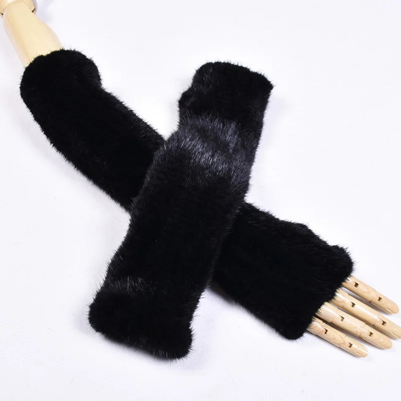 BF Genuine Mink Fur Long Gloves for Women Arm Sleeves Keep Warm Knitted High Elastic Half Finger Elbow Autumn Winter 251029