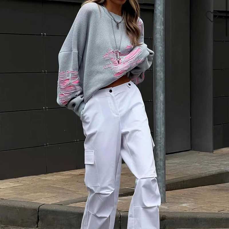 OMSJ Wasteland Style Fashion Contrast Hole Sweater Women Woolen Knitted Loose Baggy Casual Hottie Crew Neck Pullovers Streetwear J251029