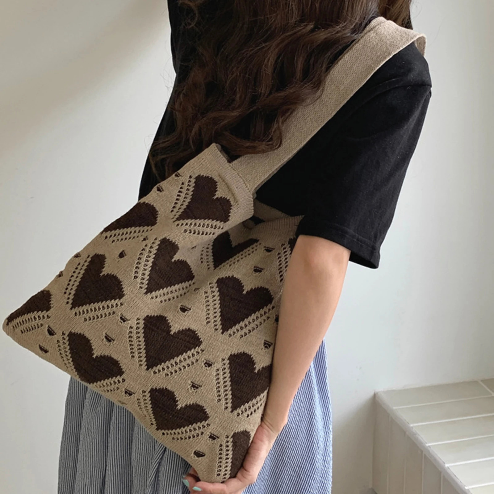 Heart Contrast Knit Tote Bag for Women Trendy Cute Large Shoulder Purse for Beach Outdoor Travel 251029