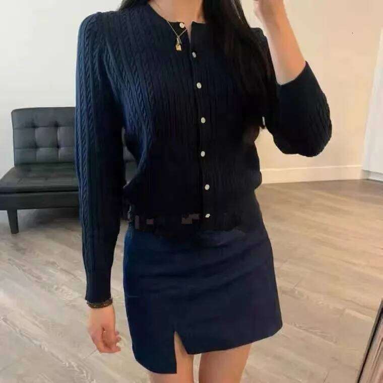 Autumn Winter New Style Pure Wool Knitted Cardigan Women's Simple Round Neck Twisted Pattern Solid Color Long Sleeve Trendy Women Sweater Designe