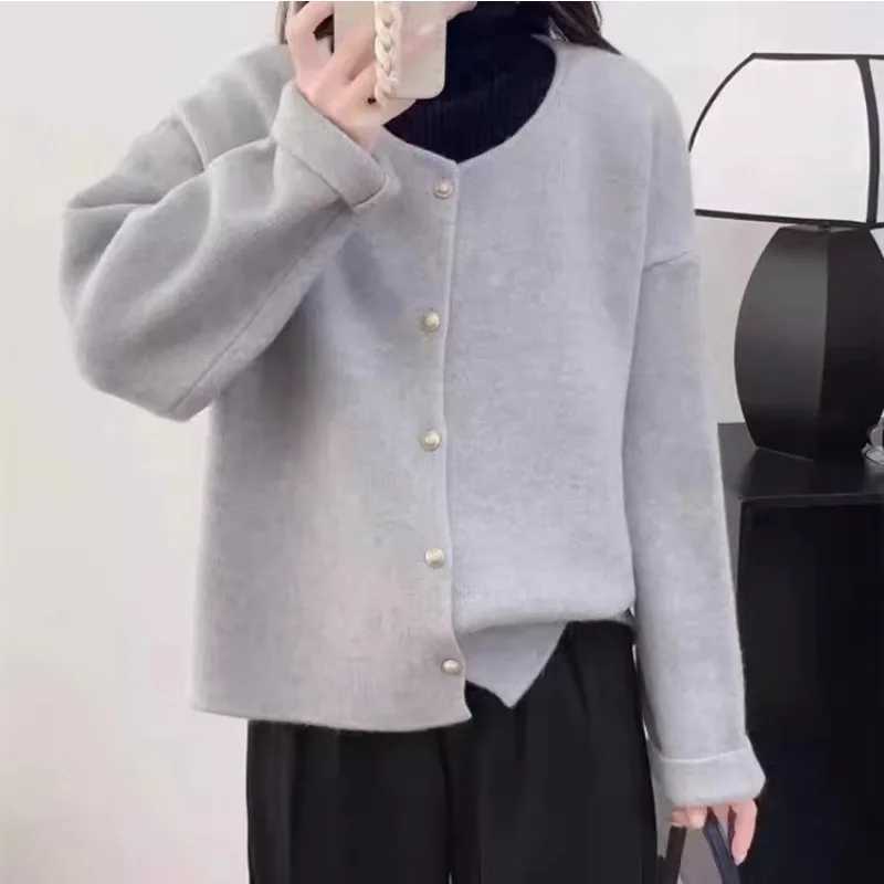 Korean Round Neck Single Breasted Solid Color Knitted Cardigan Womens Autumn and Winter New Loose Casual Soft Sweater JacketT251028