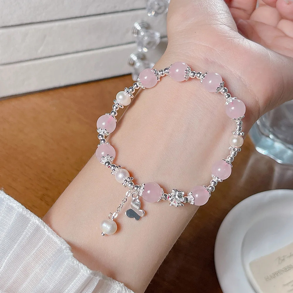Ultra Pink Crystal For Women FourLeaf Lucky Clover Butterfly Sweet Girl Beaded Bracelet Friend Jewelry 251024