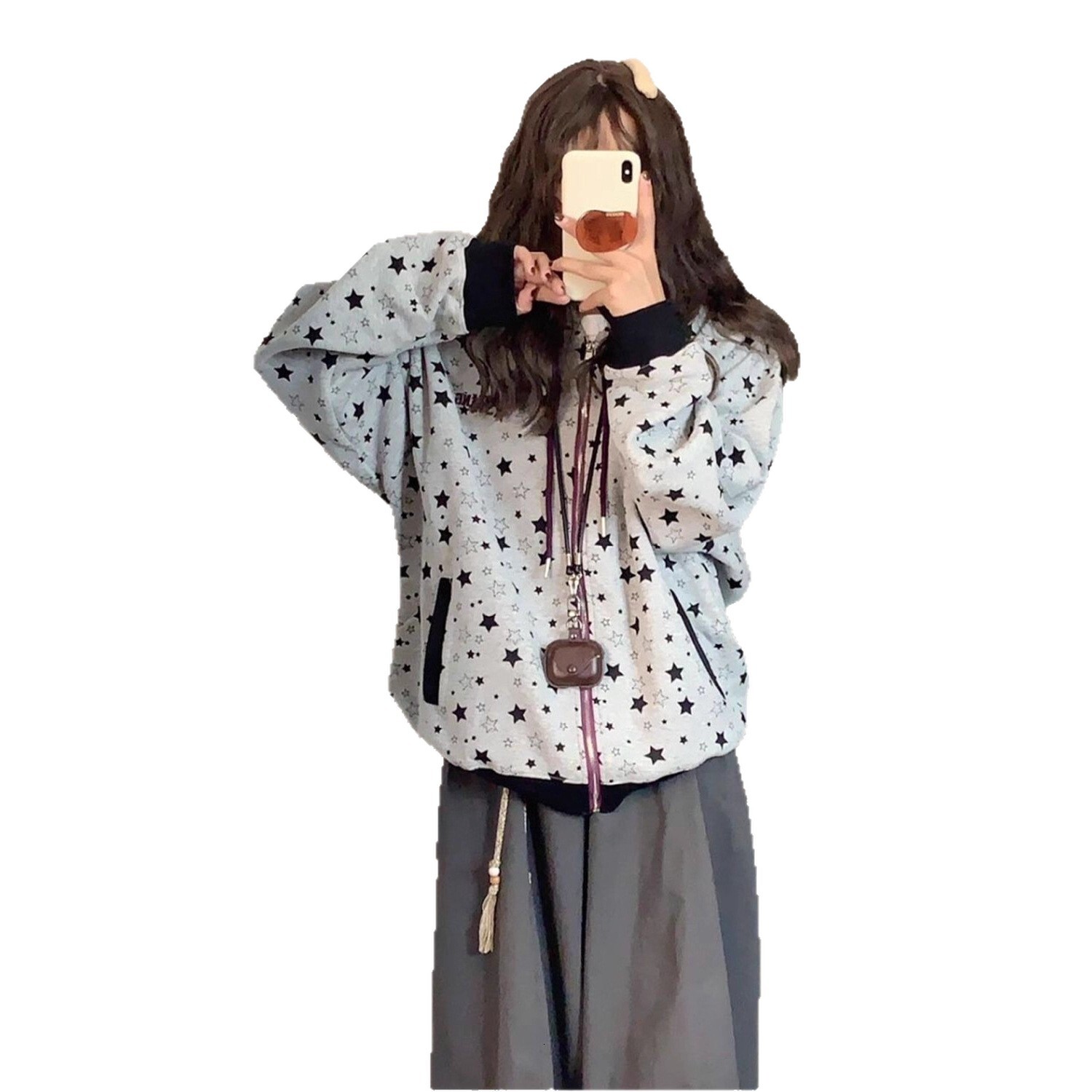 Designer's fashionable gray hooded cardigan women's sportswear autumn loose casual zipper jacket