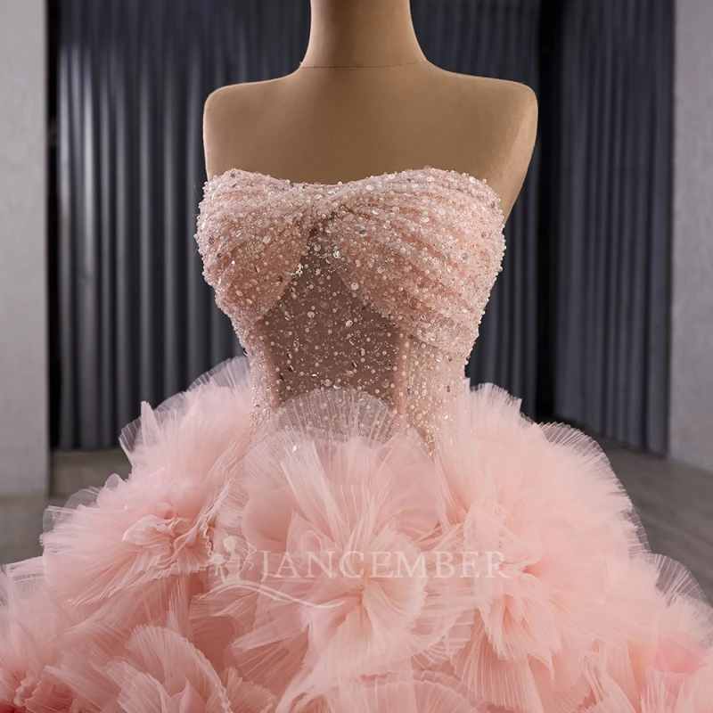 Pink Ball Gown Quinceanera Dresses Off The Shoulder Sequin Beading Crystal Tiered Tull Party Birthday Sweet 16 Dress Vestidos 15 Anos