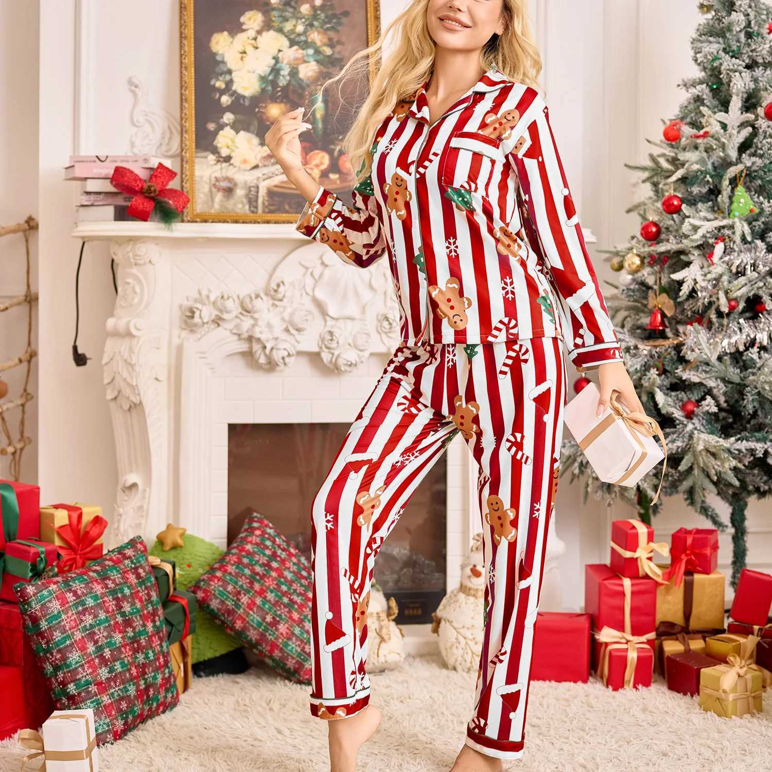 Pajamas womens cardigan lapel longsleeved trousers loungewear can be worn outside suit womenT251029