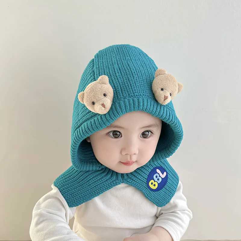Cute Bear Kids Balaclava Knit Hat Cartoon Baby One Piece Scarf Cap 16Year Boy Girl Winter Warm Hooded Beanie Children Headgear251028