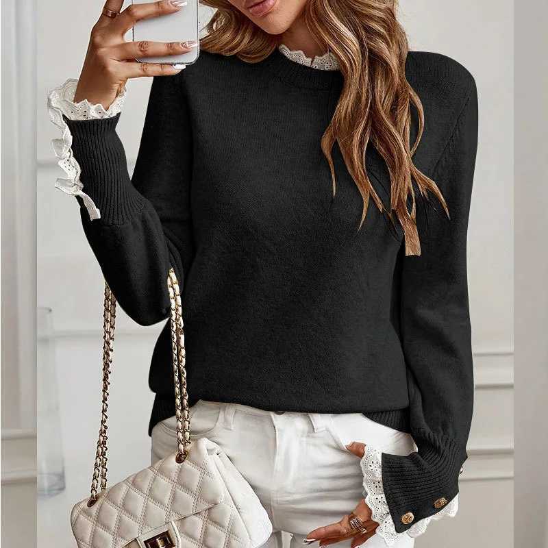 Autumn Winter Womens Knitted Sweater 2025 Fashion Lace Round Neck Long Sleeve Pullover Sweater Tops Women Casual J251029