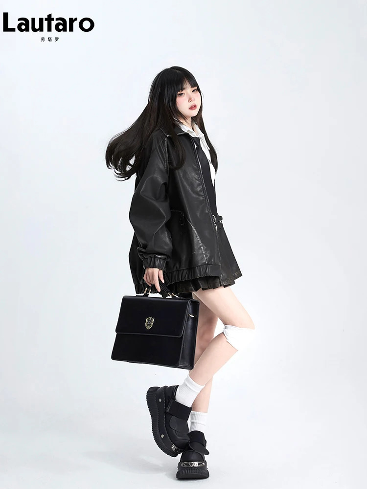 Lautaro Spring Autumn Cool Retro Oversized Distressed Black Soft Faux Leather Jackets for Women Zipper Maillard Style Clothes 251029