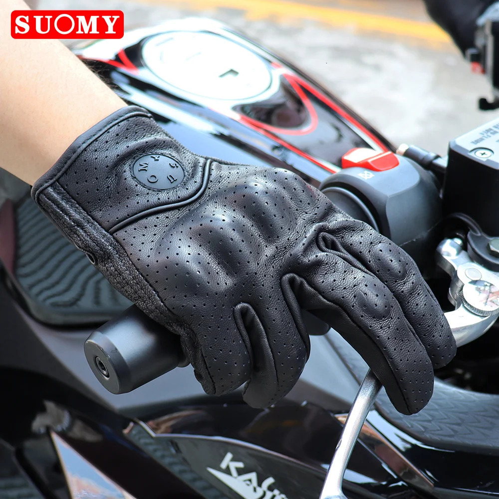SUOMY Summer Perforated Motorcycle Gloves Retro Brown Real Leather Cafe Racer Motorbike Touchscreen Scooter Guantes 251013