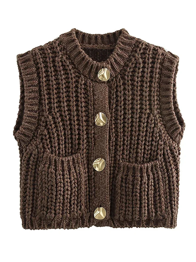 Casual Brown Knit Vest Women Vintage O Neck Single Breasted Pocket Sweater Vests Autumn Winter Solid Sleeveless Lady Tops 251029