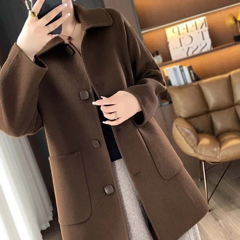 Autumn Winter Doll collar Doublesided Wool Coat Womens Fashion Medium length Slim Woolen Coats Female Single breasted 251028
