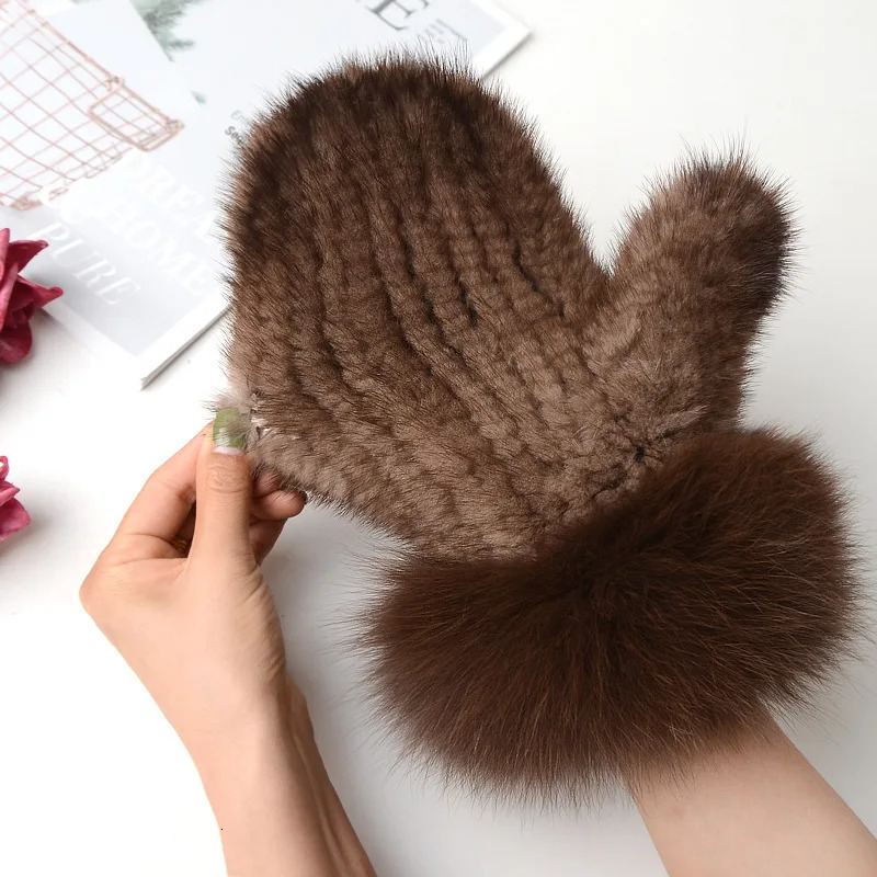 Women Natural Mink Fur Mittens Fox Fur Trimming Real Mink Fur Gloves Ladies Fur Elastic Hand Made Drop 251029