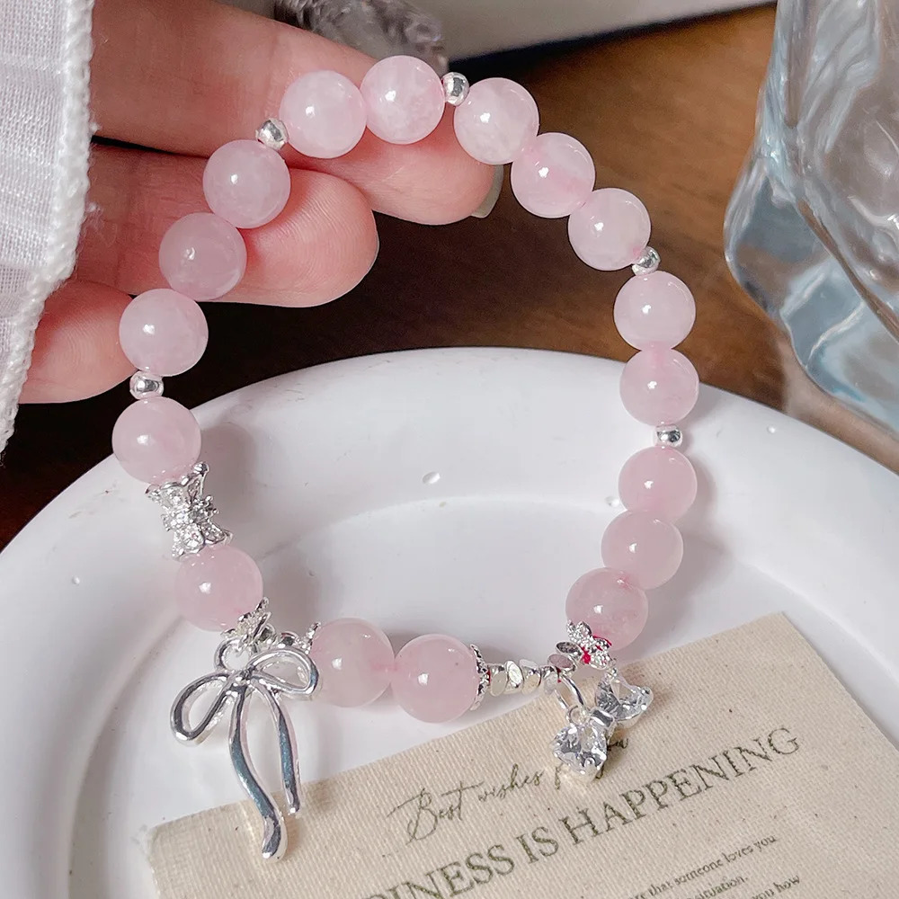 Ultra Pink Crystal For Women FourLeaf Lucky Clover Butterfly Sweet Girl Beaded Bracelet Friend Jewelry 251024