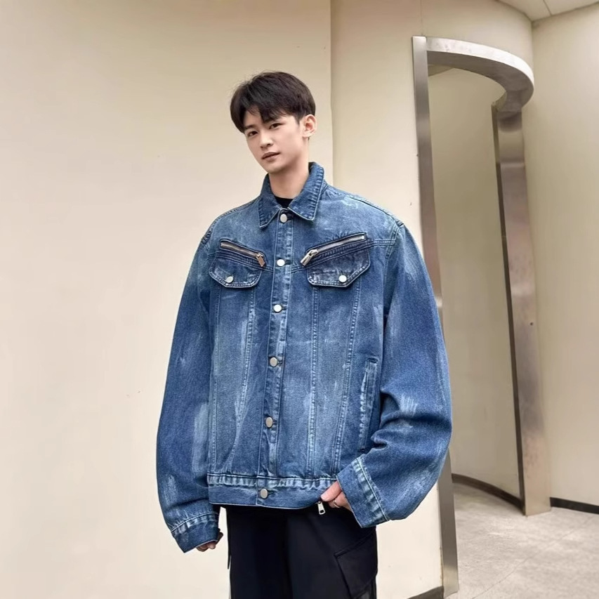 Trendy High Street Tie-dye Denim Jacket For Men American Casual Zipper Designer Jacket Design Cool Loose Workwear Jacket