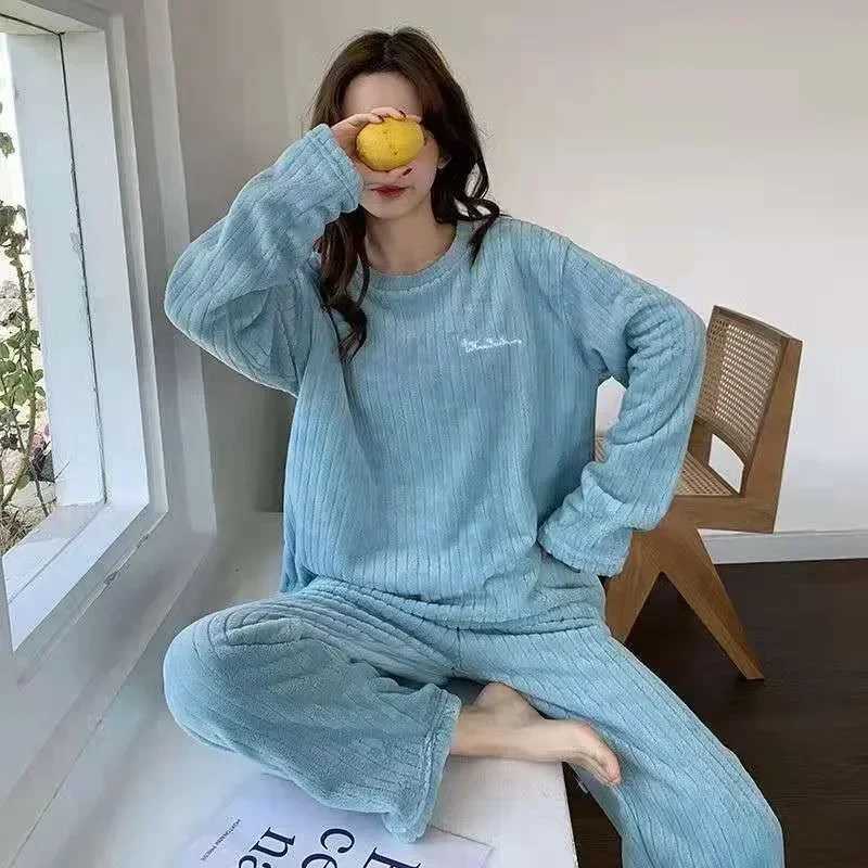 Autumn Women Solid Warm 2 Piece Sets Thicken Velvet Ribbed Fleece Set Pullover And Pants Women Casual Pajama Sets 2024T251029