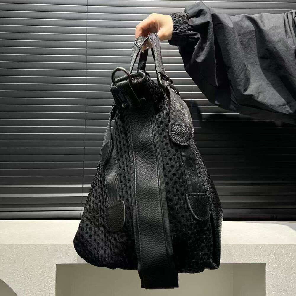 Large Capacity Mesh Spliced Shoulder Bag Street Style Handbag With Adjustable Strap, Black Nylon Polyester Lining, Zipper Closure For Daily