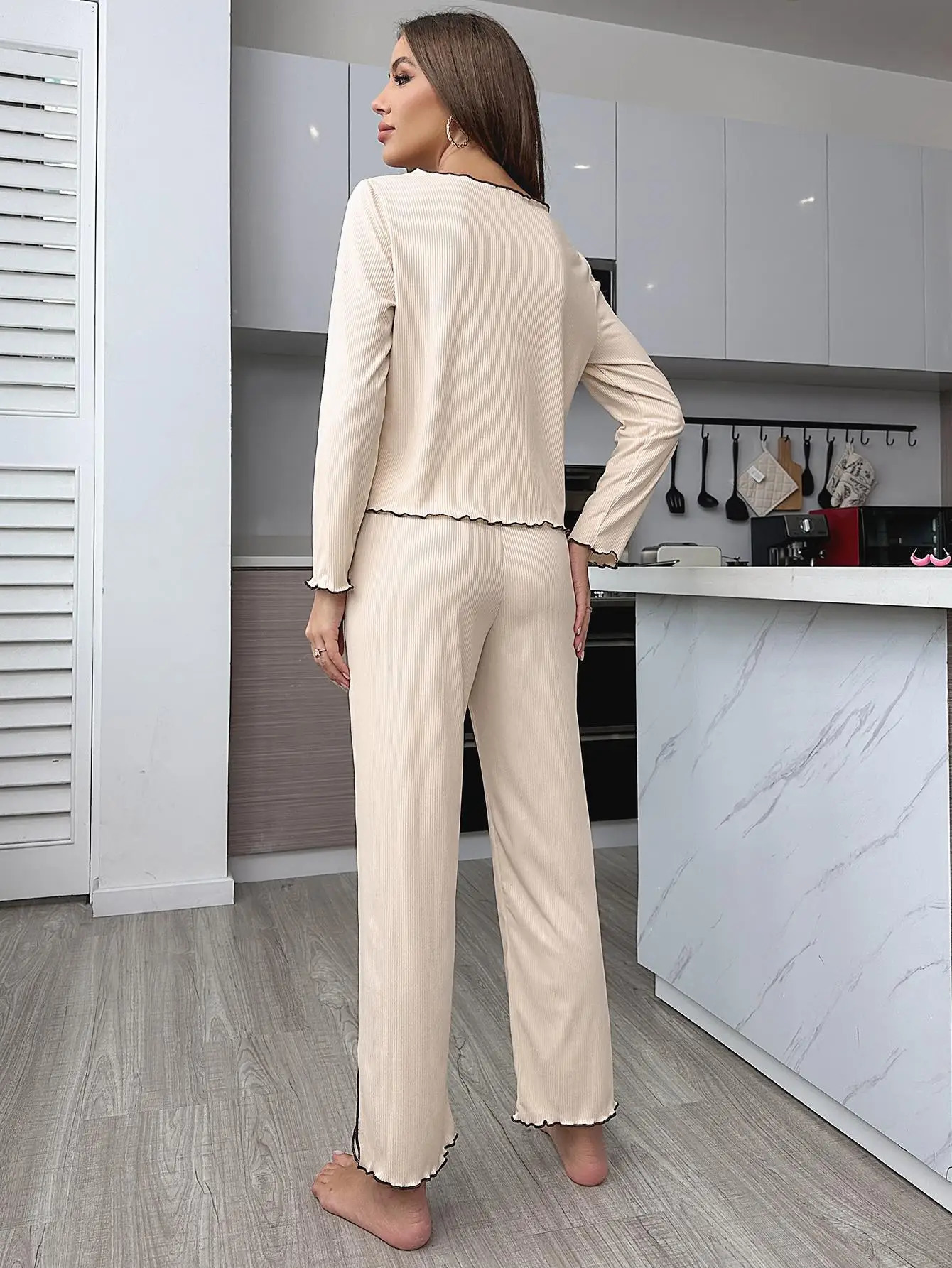 Autumn Winter Women Solid Color Pajama Set Casual Loungewear Long Sleeve Leg Pants 2 Piece Outfit Comfortable Homewear 251029
