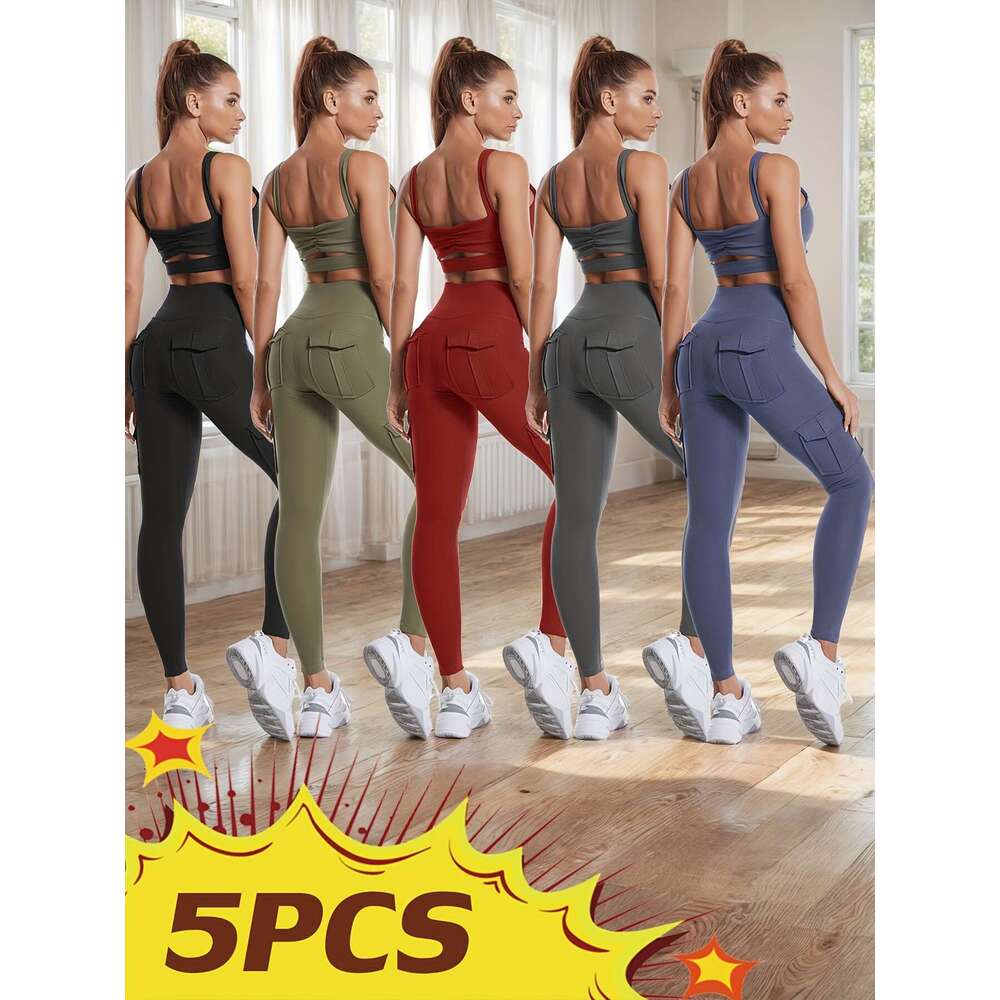 High Waist Yoga with Pockets, Multipack Butt Lifting Tummy Control Workout Running 4 Way Stretch Cargo Sports Pants, 5pcs Leggings Set