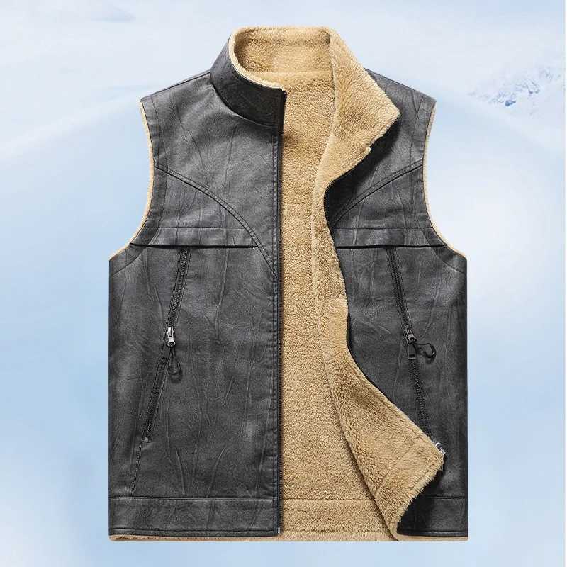 Man Leather Vest Autumn Winter Thicken Fleece Warm Stand Collar Male Waistcoat Sleeveless Zipper Casual Versatile Men Coat W251029