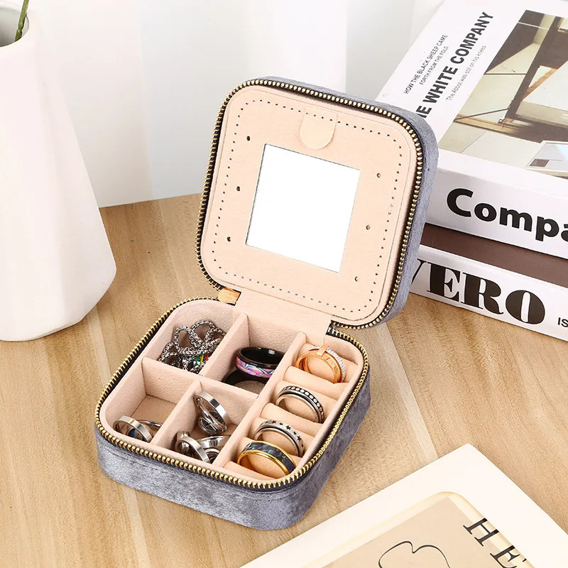 1pc Multifunction Velvet Mini Jewelry Storage Box With Mirror Portable Necklace Earring Ring Zipper Square Display Case 251013