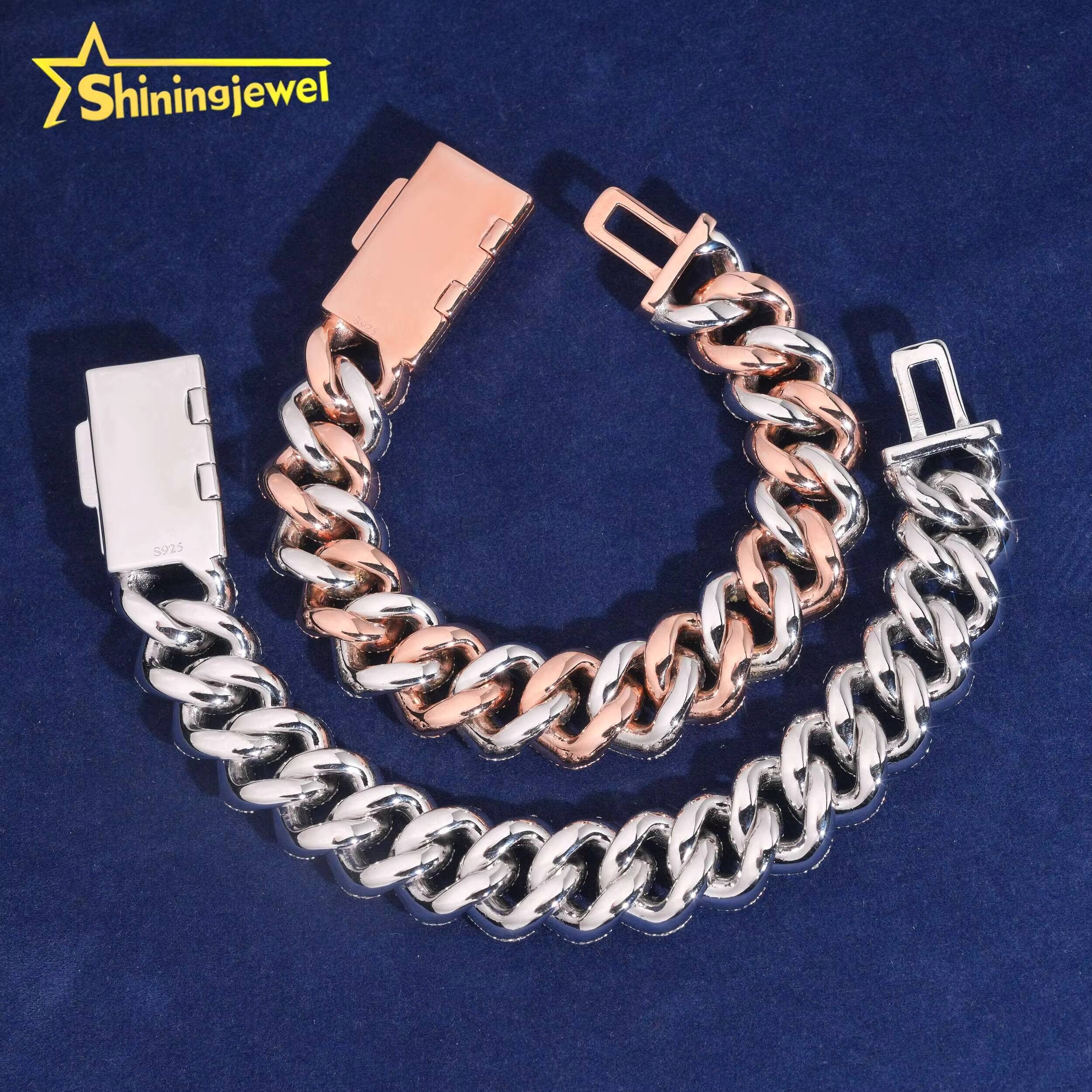 Two Tone Silver and Rose Gold Plated Hip Hop Iced Out S925 16mm Moissanite Pass Diamond Test Shining Cuban Link Bracelet