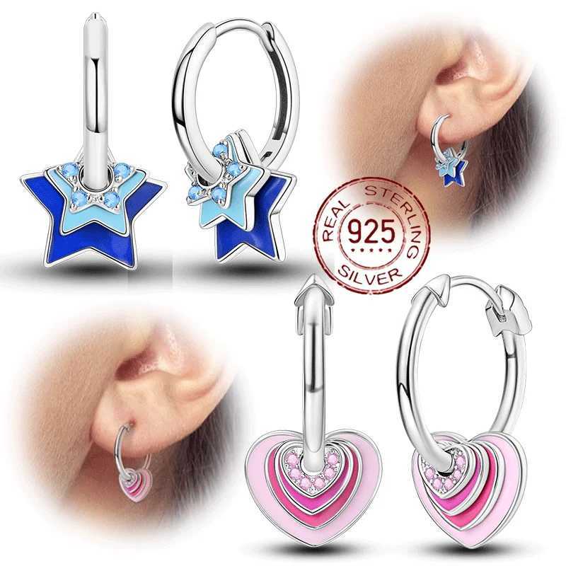 925 Sterling Silver Blue Star Pink Heart Matching Couples Earrings Designer Ear Jewelry for Woman Pendientes Fashion JewelryW251029