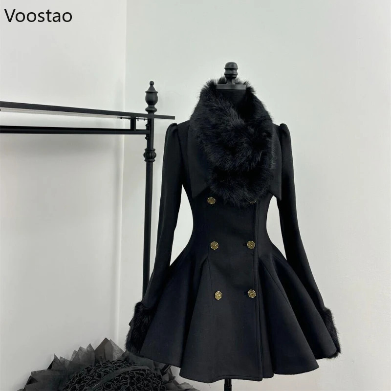 Autumn Winter Japanese Elegant Lolita Woolen Coat Women Sweet Fur Collar Slim Jacket Female Korean Y2k Warm Dress Cute Overcoat 251029