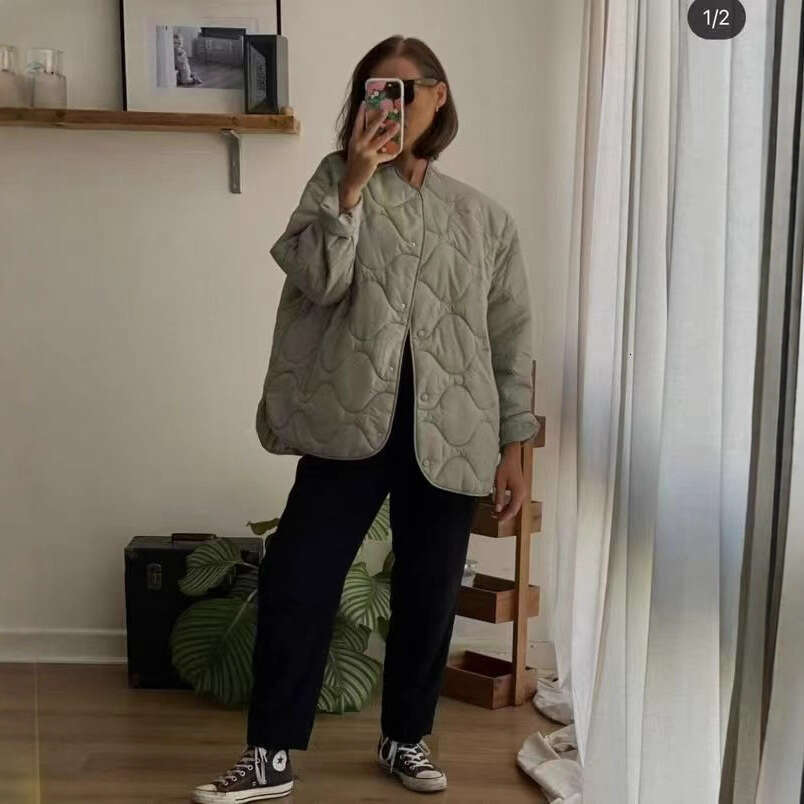 Loose Cotton Jacket Round Neck Solid Color Simple Design Autumn Winter New Style European And American Stitching Decoration B8acket B8
