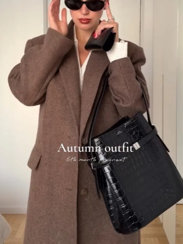 Women Shoulder Pad Wool Long Coats Fashion Lapel Singlebreasted Sleeve Coat Chic Autumn Lady Commute Street Outerwear 251028