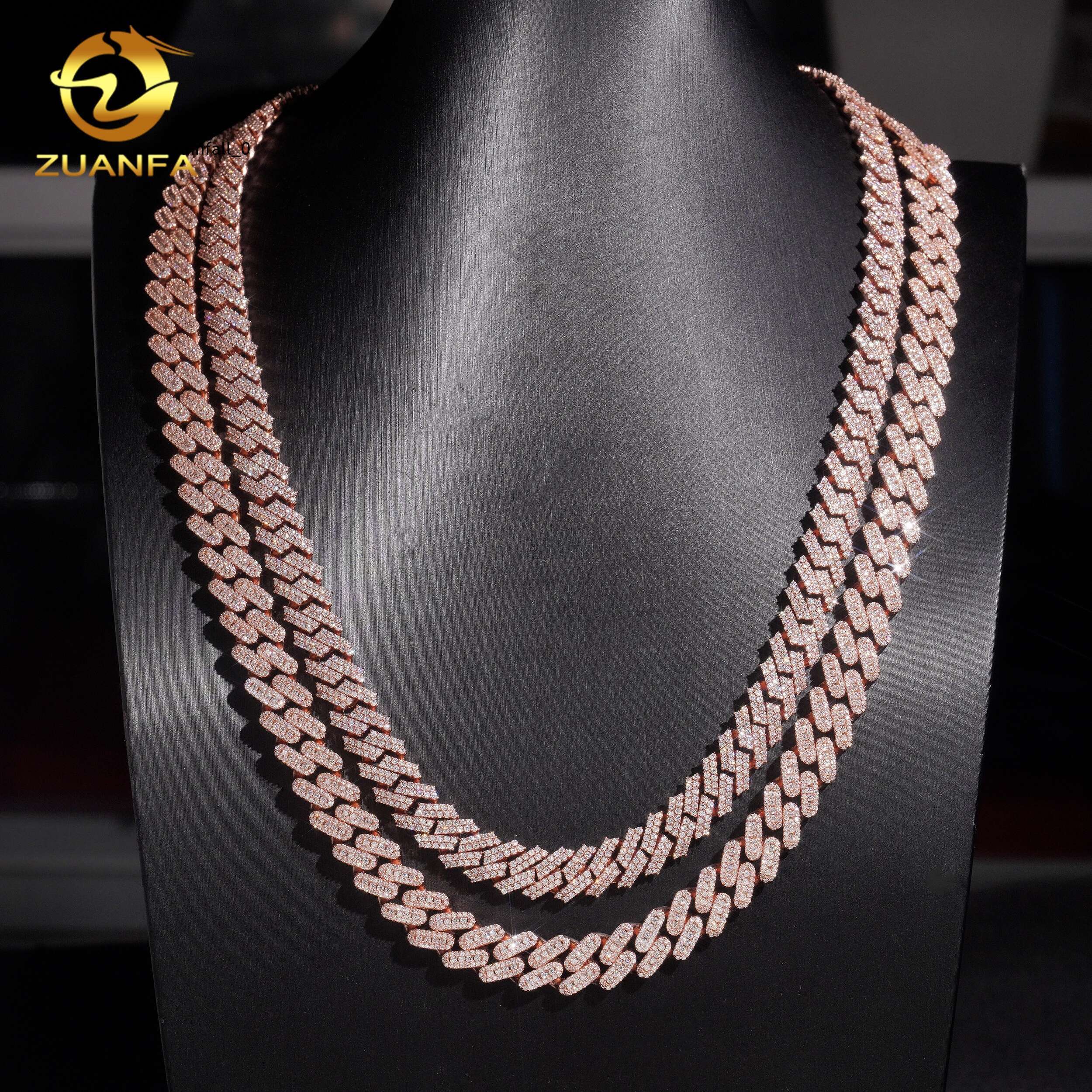 Zuanfa Jewelry 10mm Moissanite Chain Cuban Links Prong Chain 925 Silver Oval Shape Cuban Link Chain Necklace Rose Gold Plated