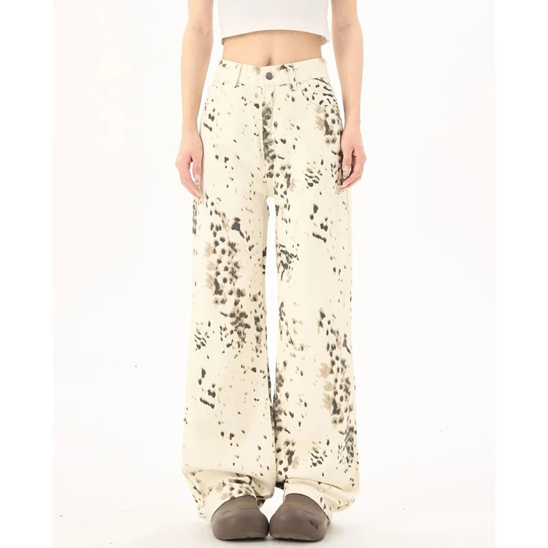 Female Chic Apricot Leopard Print Jeans s Casual Fashion High Waist Pants Women Vintage Straight Leg Denim Trousers 251029