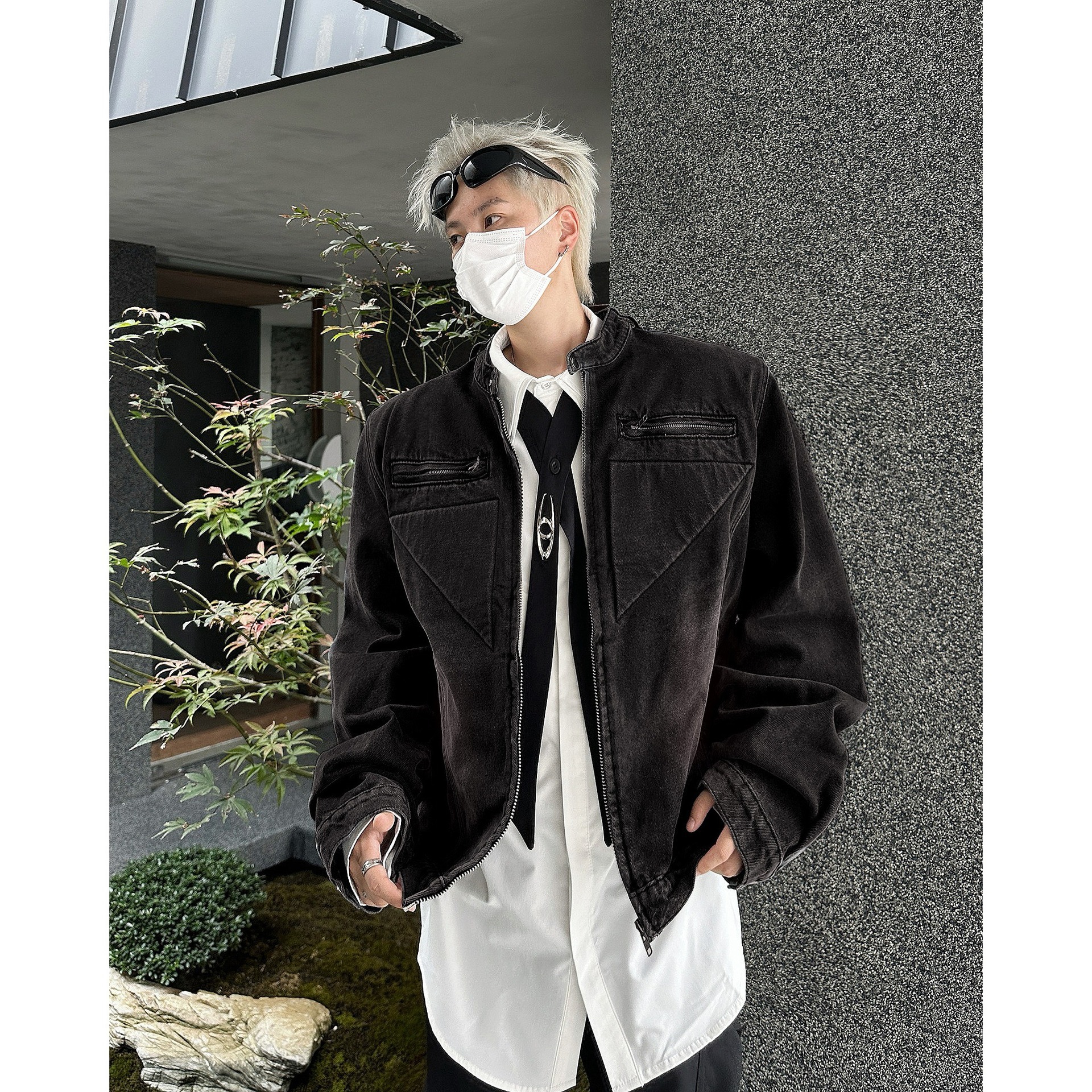 American Designer Jacket High Street Niche Deconstructed Design Shoulder Pad Denim Jacket Men's Distressed Washed Zipper Short Jacket